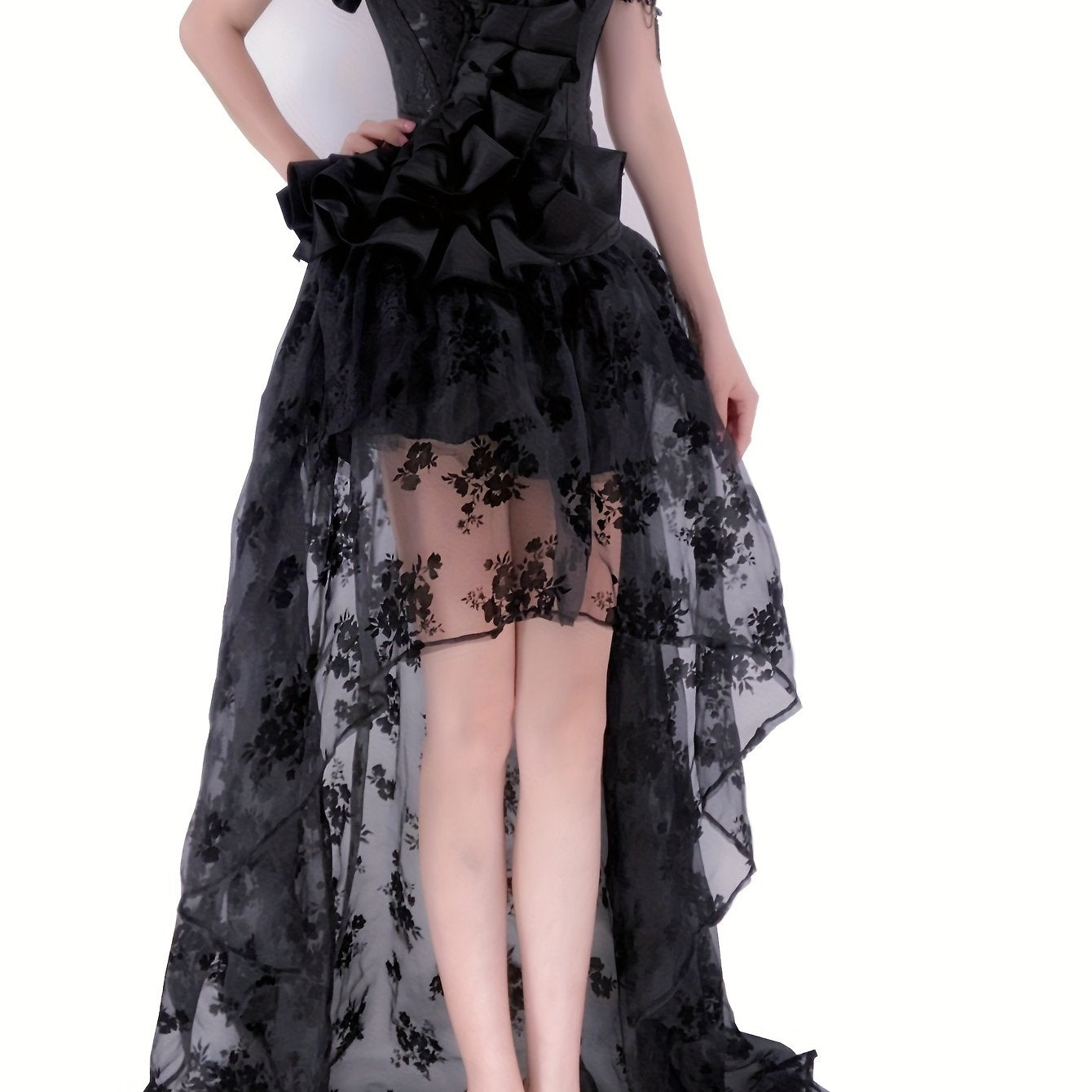 Goth Floral Lace Corset & Mesh Skirt Set Women's Lingerie