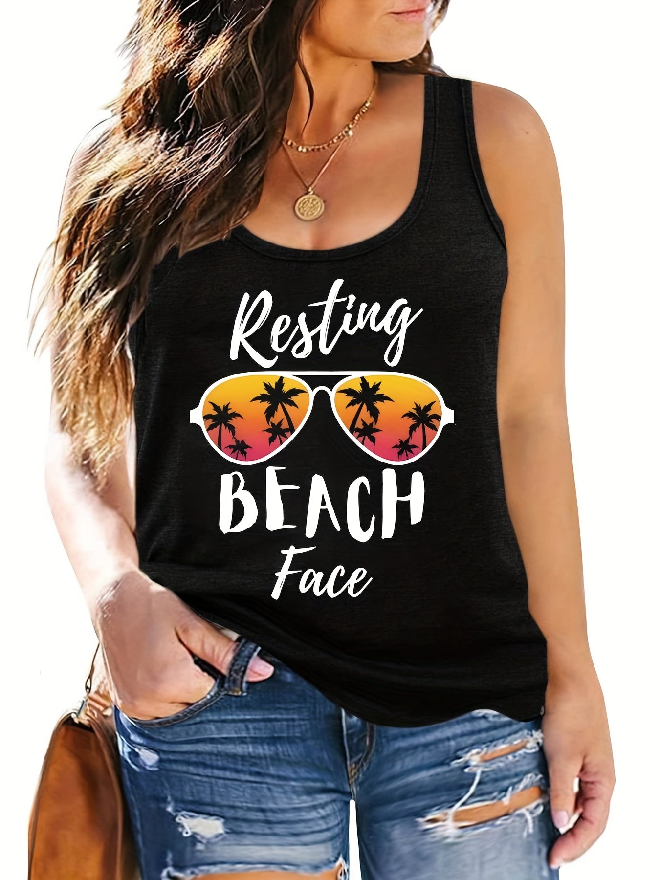Letter & Glasses Print Tank Top
