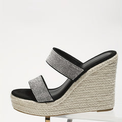 Women's Rhinestone Wedge Sandals Double Strap Platform Espadrille Shoes