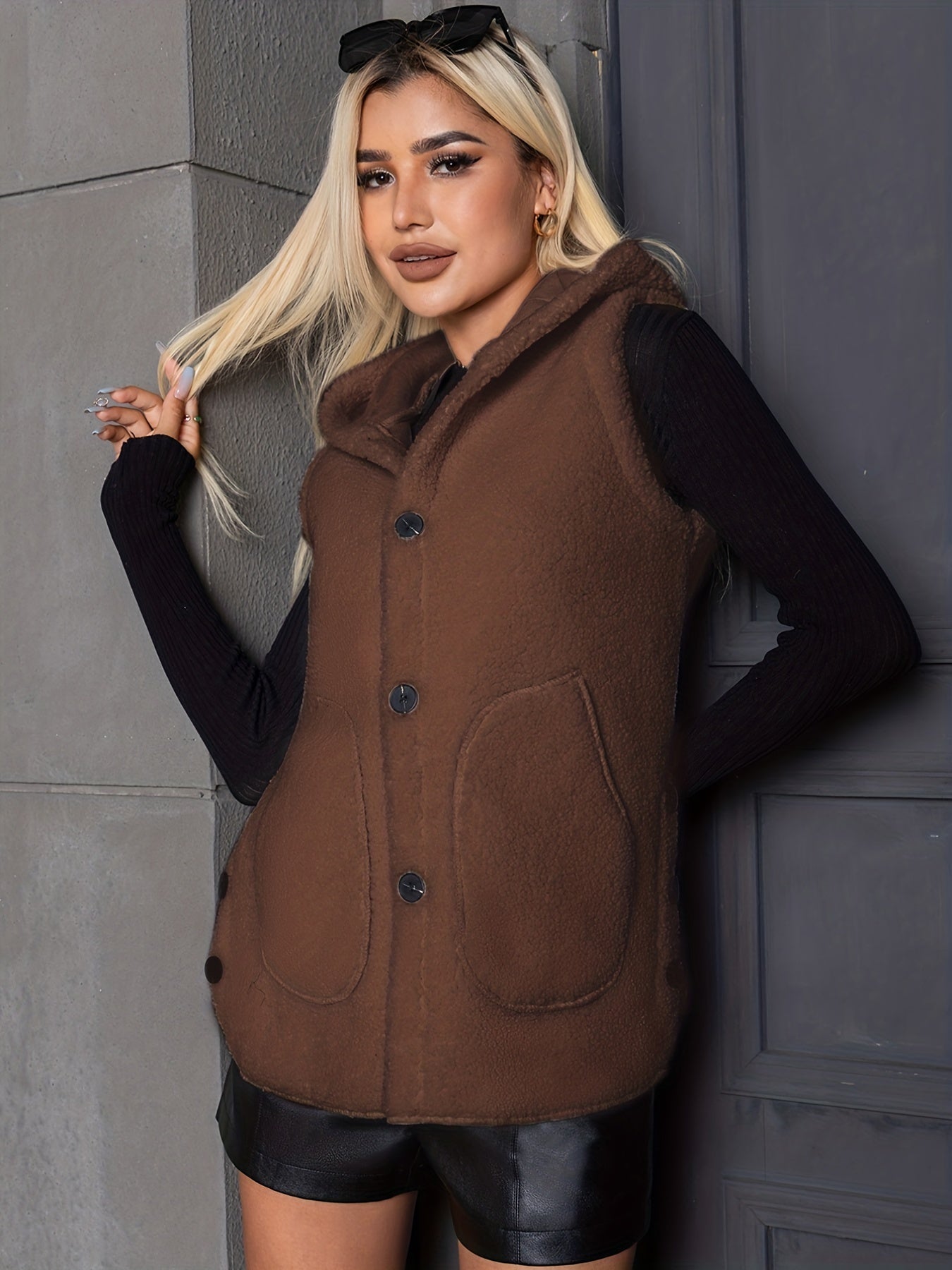 Hooded Teddy Vest Button Front Sleeveless Casual Outerwear