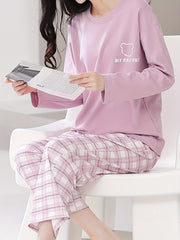 Cartoon Print Pajama Set Long Sleeve Top & Plaid Pants
