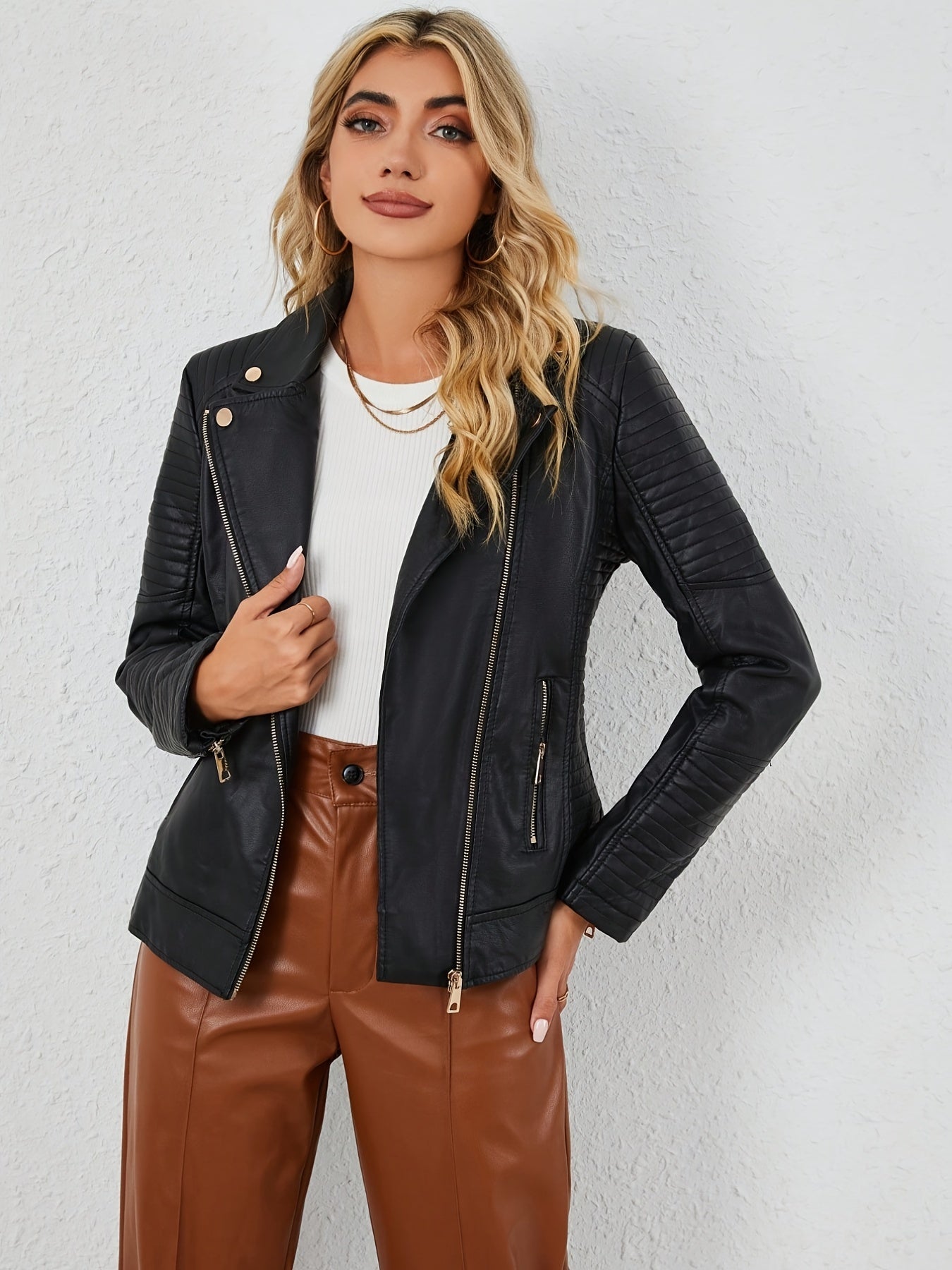 PU Leather Print Biker Jacket Zipper Street Wear