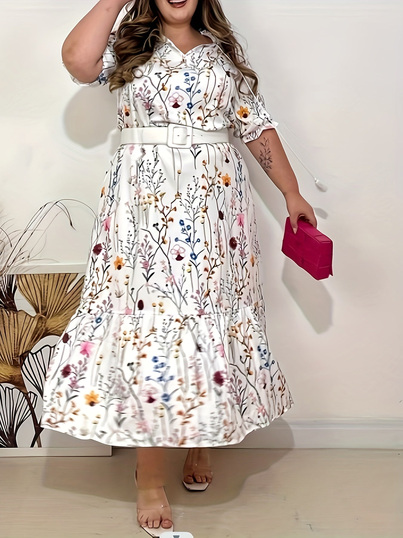 Women's Plus Floral Print V Neck Maxi Smock Dress