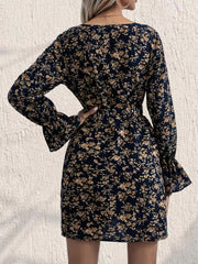 Floral Print V Neck Dress Long Sleeve Belted