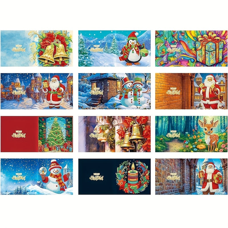 12 Pieces DIY Round Rhinestone Crystal Painting Christmas Card Art Set
