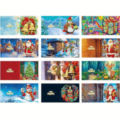 12 Pieces DIY Round Rhinestone Crystal Painting Christmas Card Art Set