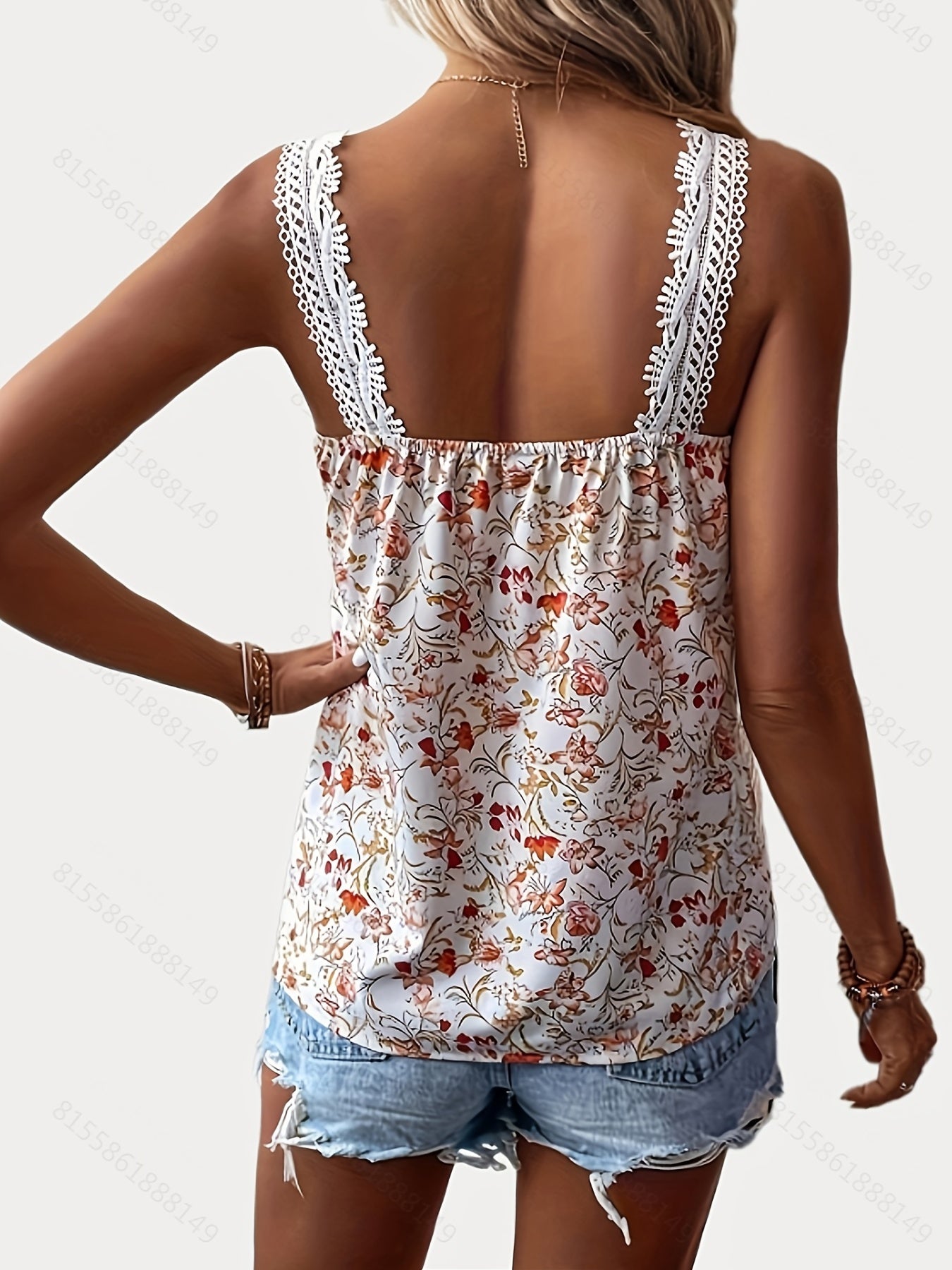 Floral Print Lace Tank Top V Neck Sleeveless Summer Top