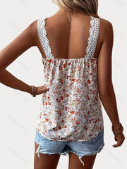 Floral Print Lace Tank Top V Neck Sleeveless Summer Top