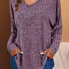 Casual Knit Top Women's Plus Solid Ribbed Long Sleeve V Neck Tunic Top