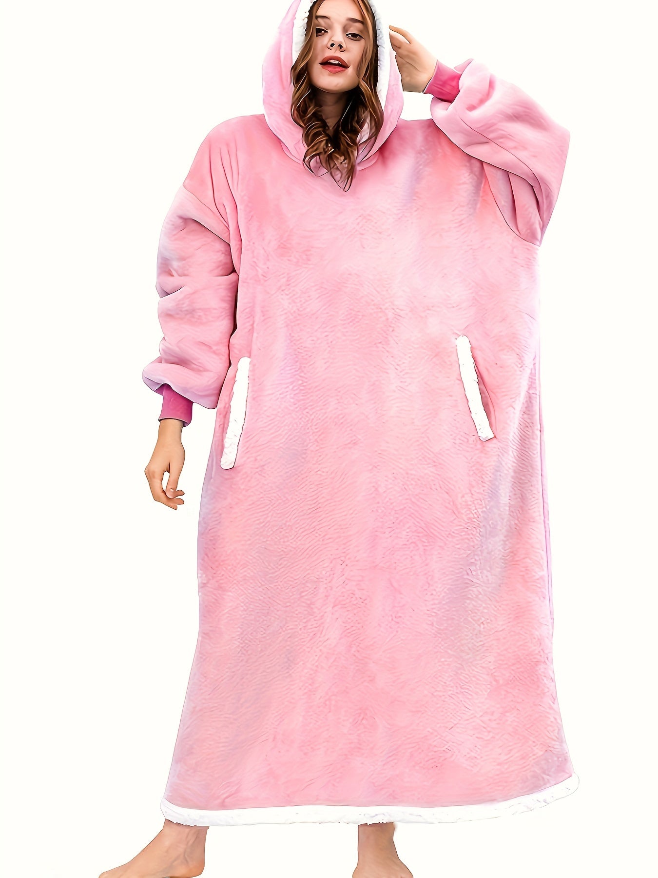 Women's Plus Size Sherpa Fleece Hooded Flannel Robe with Pockets
