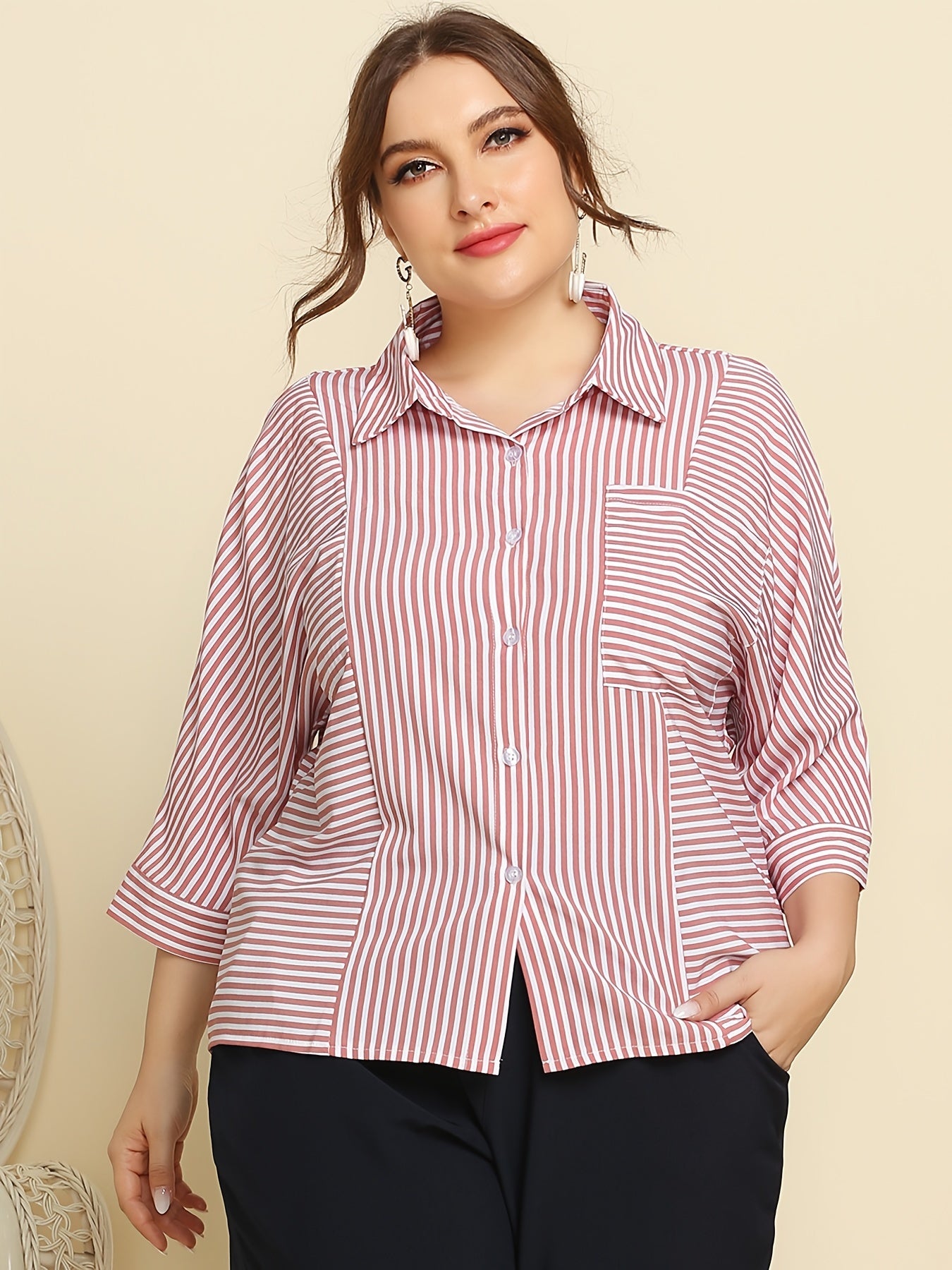 Striped Print Long Sleeve Shirt Women's Plus Button Front