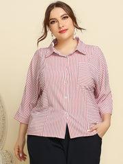 Striped Print Long Sleeve Shirt Women's Plus Button Front
