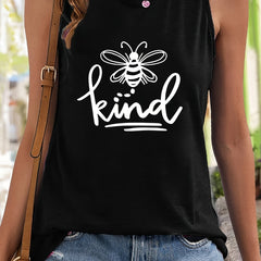 Bee & Letter Print Sleeveless Sports Vest Round Neck Casual Tops
