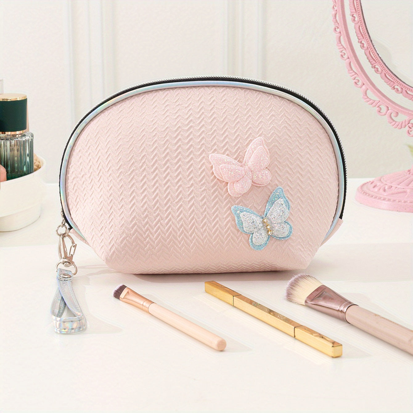 Pink Glitter Butterfly Makeup Toiletries Bag