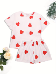 Heart Print Pajama Set Short Sleeve Top & Shorts
