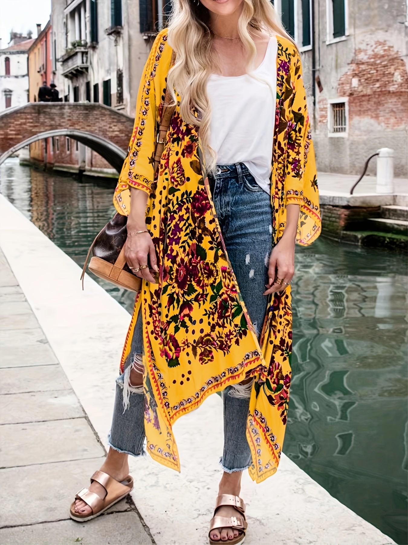 Floral Print Cover Up Shirt V Neck Semi Sheer Split Loose Fit Beachwear Kimono