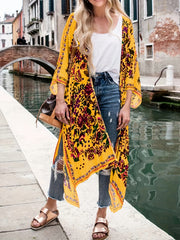 Floral Print Cover Up Shirt V Neck Semi Sheer Split Loose Fit Beachwear Kimono