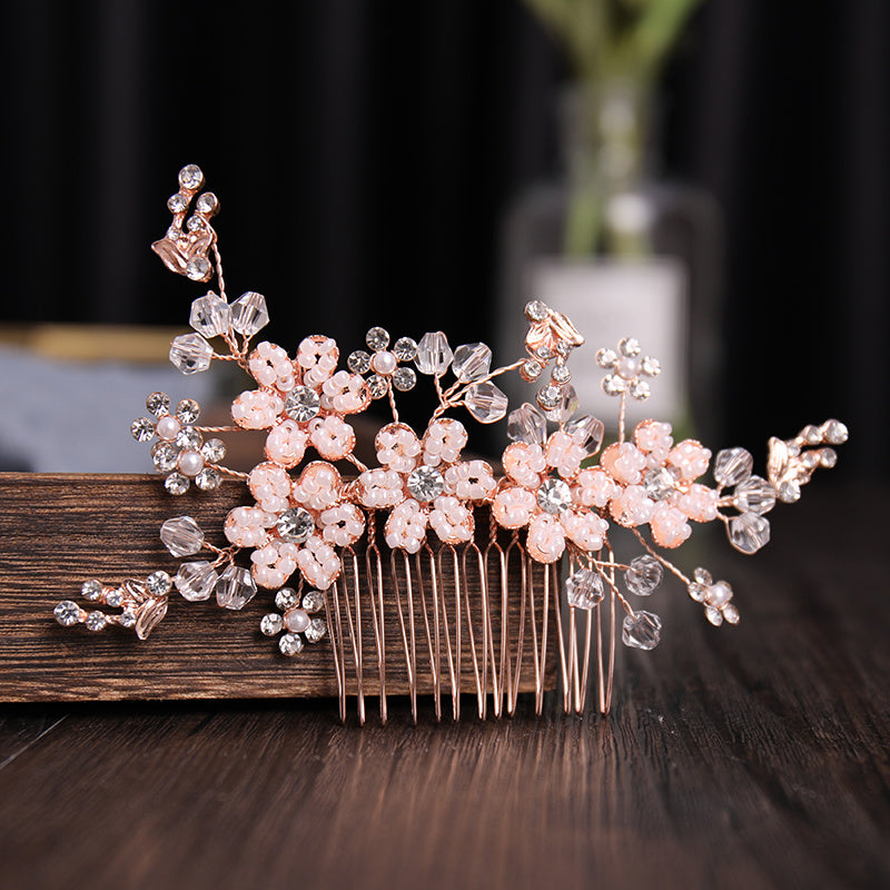Faux Pearl Crystal Flower Bridal Hair Comb Wedding Hair Accessories Golden
