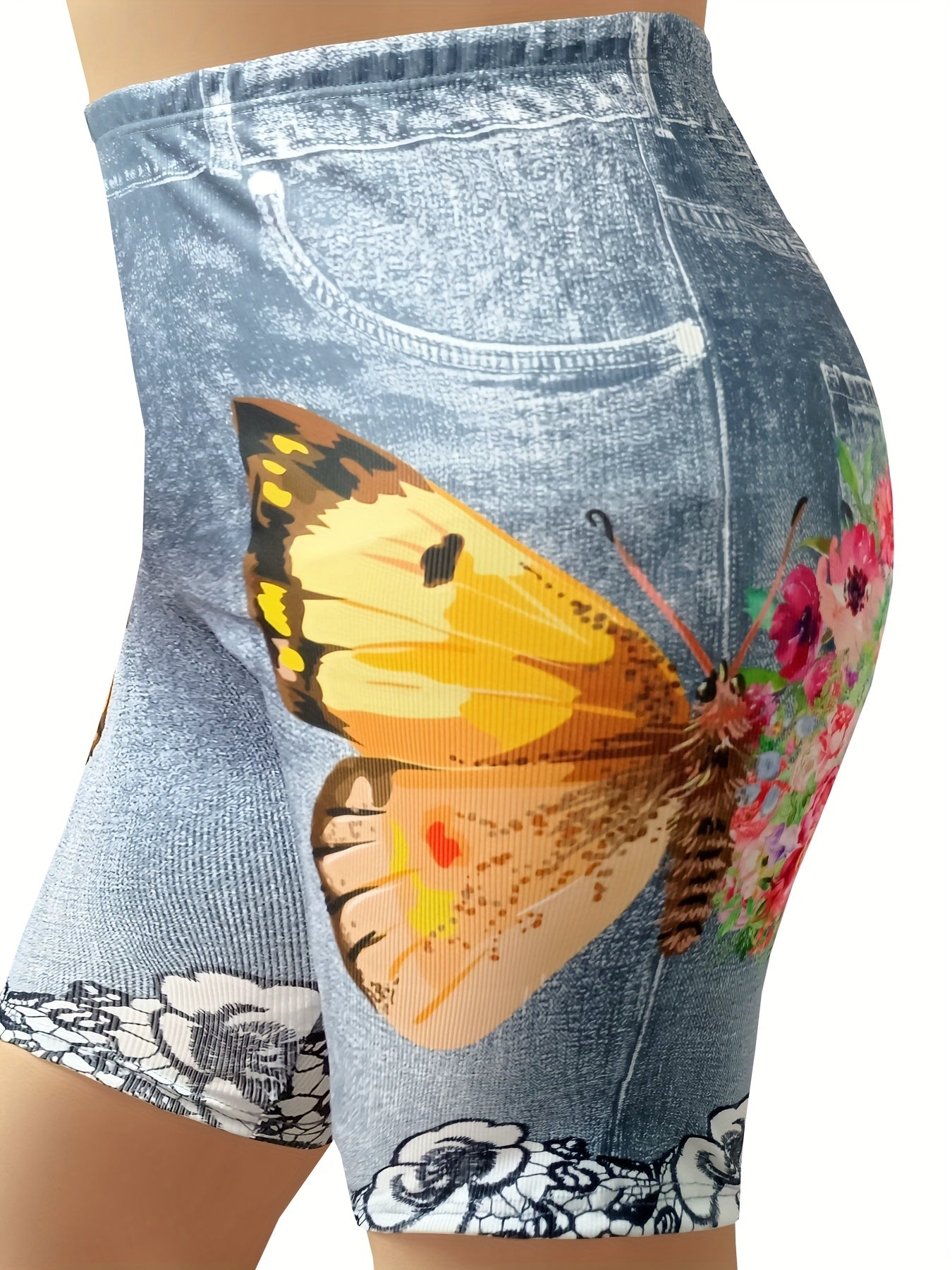 Women's Plus Butterfly Denim Print Skinny High Rise Jeans