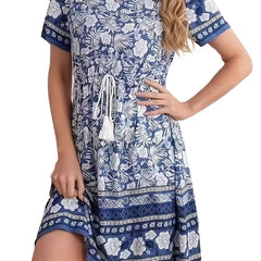 Boho Floral Notched Neck Dress Short Sleeve Drawstring Dress