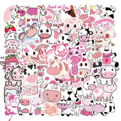50-100 Pink Cow Stickers Stylistic Cartoon Waterproof Decorative Stickers
