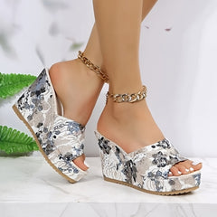 Floral Print Wedge Slippers Open Toe Sandals