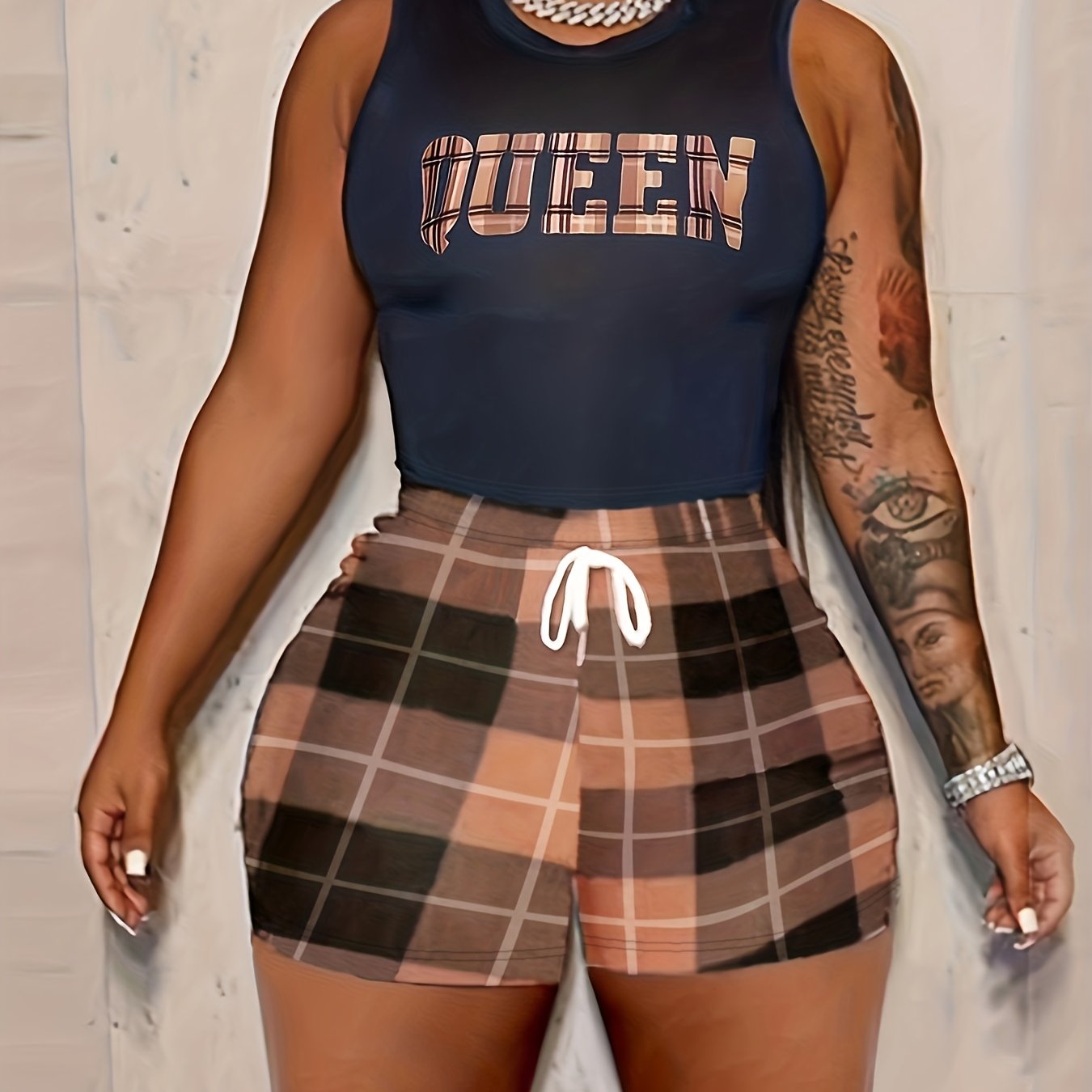 Plaid & Letter Print Tank Top & Drawstring Shorts Set