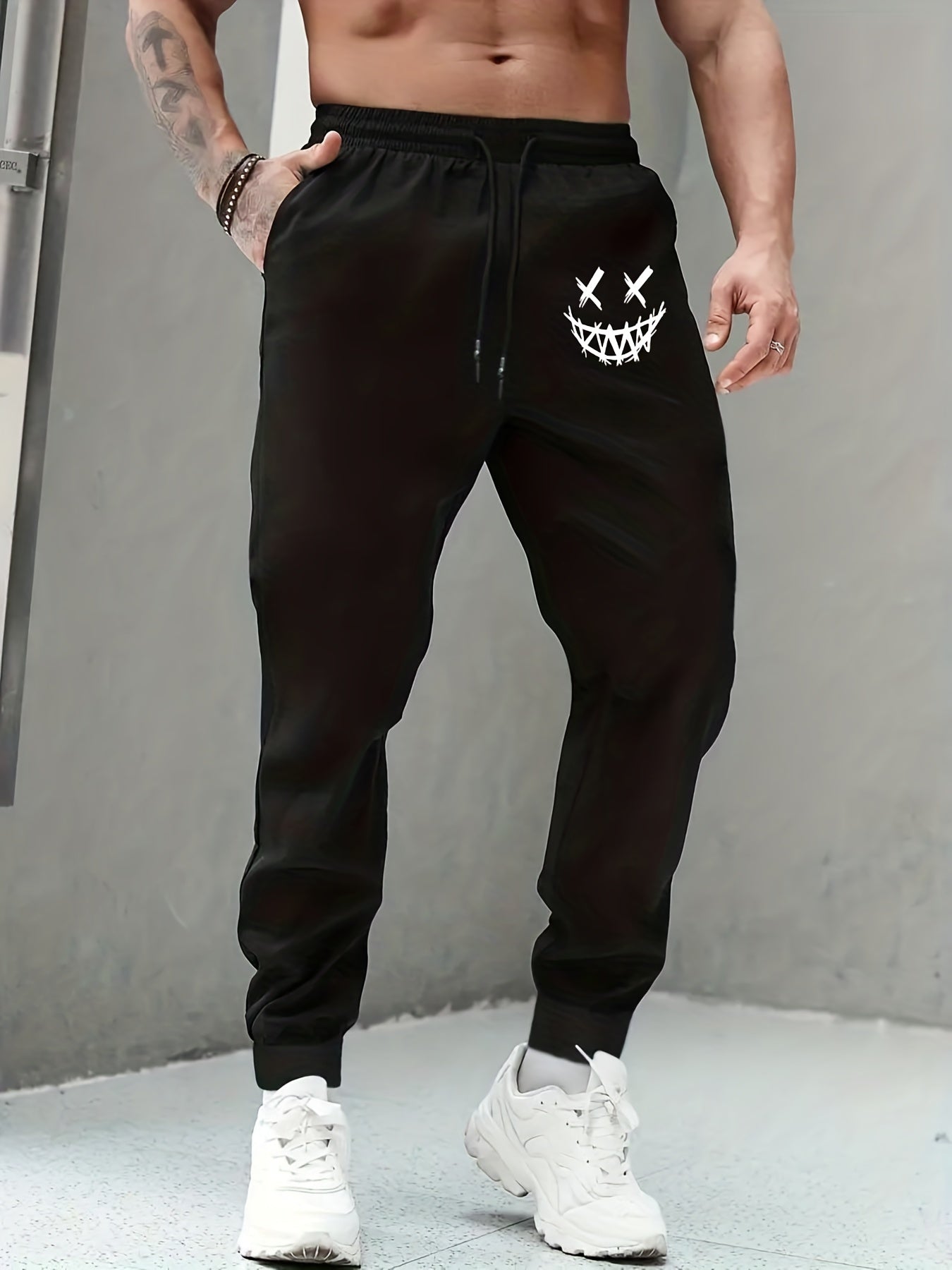 Grin Print Men's Drawstring Sweatpants Casual Jogger Pants