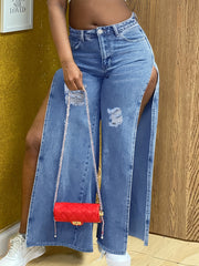 High Waist Wide Leg Denim Jeans Ripped Split Non Stretch Pants