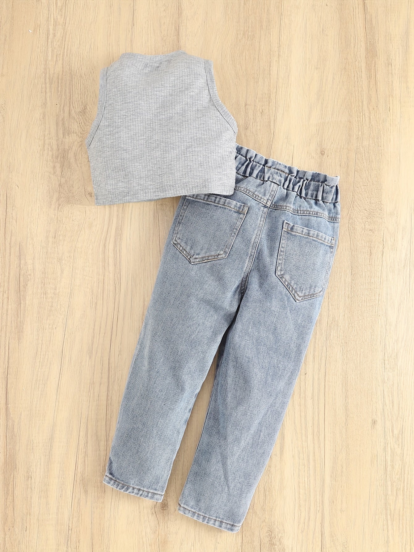 Girls Casual Elastic Waist Jeans Sleeveless Top Set
