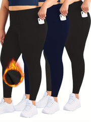 3 Pack Plus Size Casual Leggings Set Women's Plus Solid Liner Fleece Wideban...