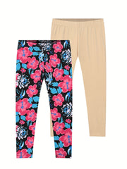 2pcs Toddler Girls Flowers Elastic Waist Cropped Leggings