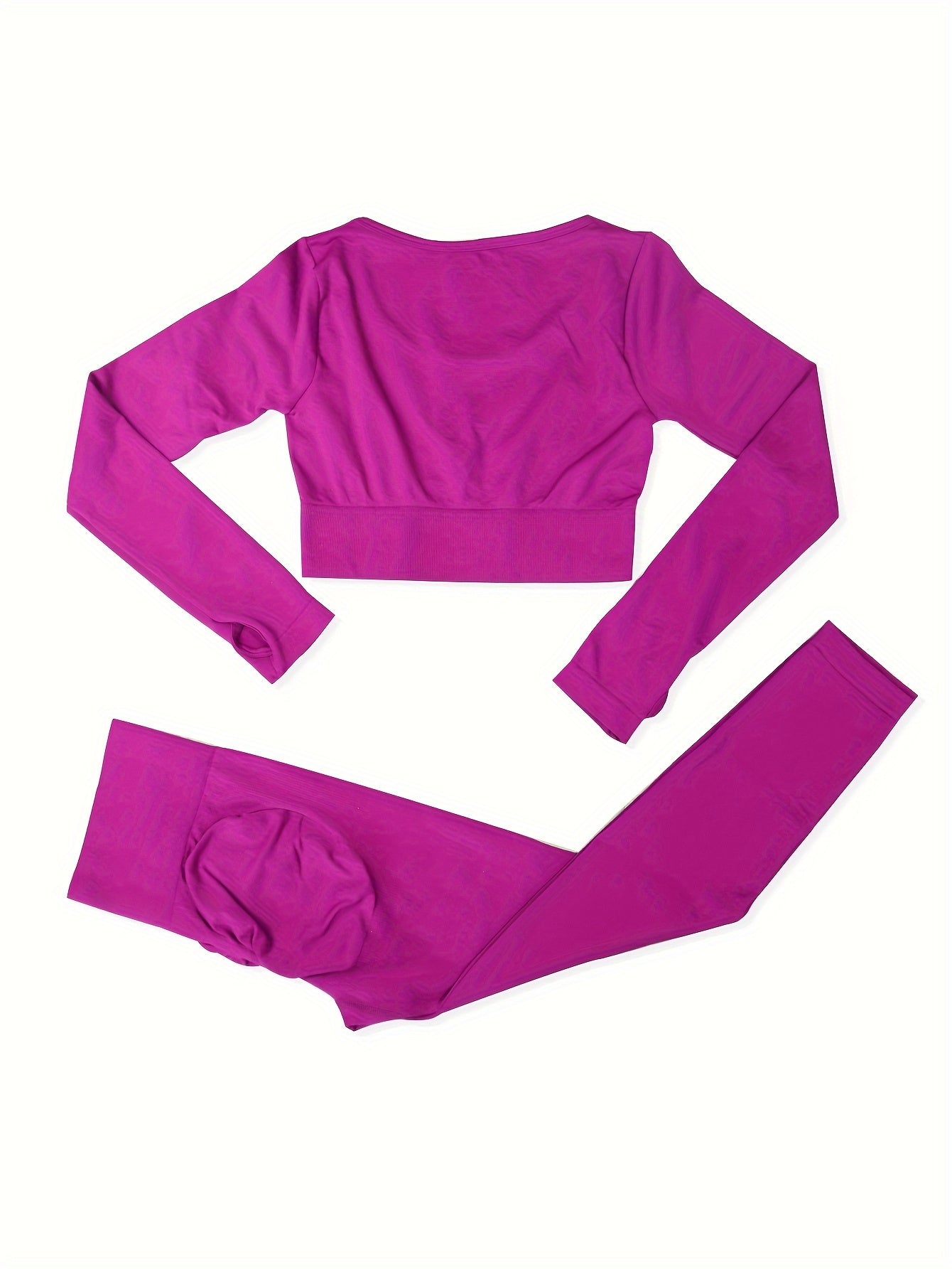 2pcs Solid Yoga Sports Sets Long Sleeve Crop Top & Leggings Women's Activewear