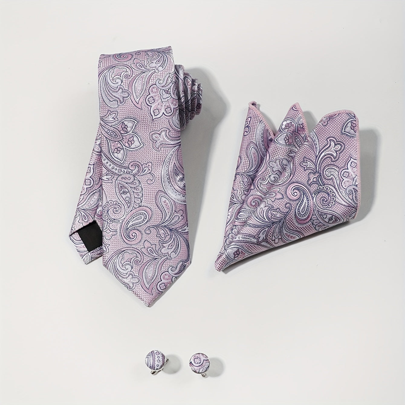 Purple Paisley Jacquard Tie Set & Lapel Pin Brooch & Handkerchief