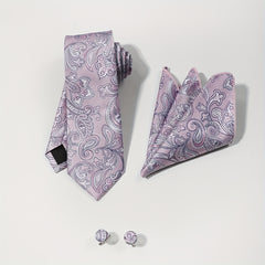 Purple Paisley Jacquard Tie Set & Lapel Pin Brooch & Handkerchief