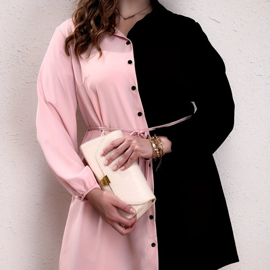 Colorblock Button Up Lantern Sleeve Casual Blouse