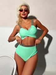 Golden Seam Trim High Waist Bikini Set Women's Swimwear