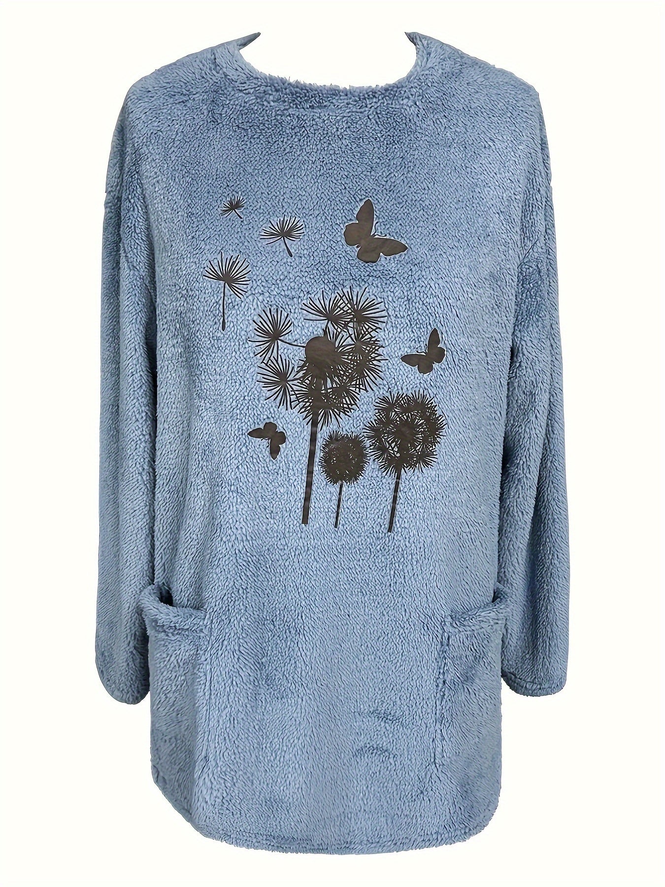 Butterfly Plant Print Pullover Sweatshirt Furry Casual Sweatshirt