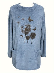 Butterfly Plant Print Pullover Sweatshirt Furry Casual Sweatshirt