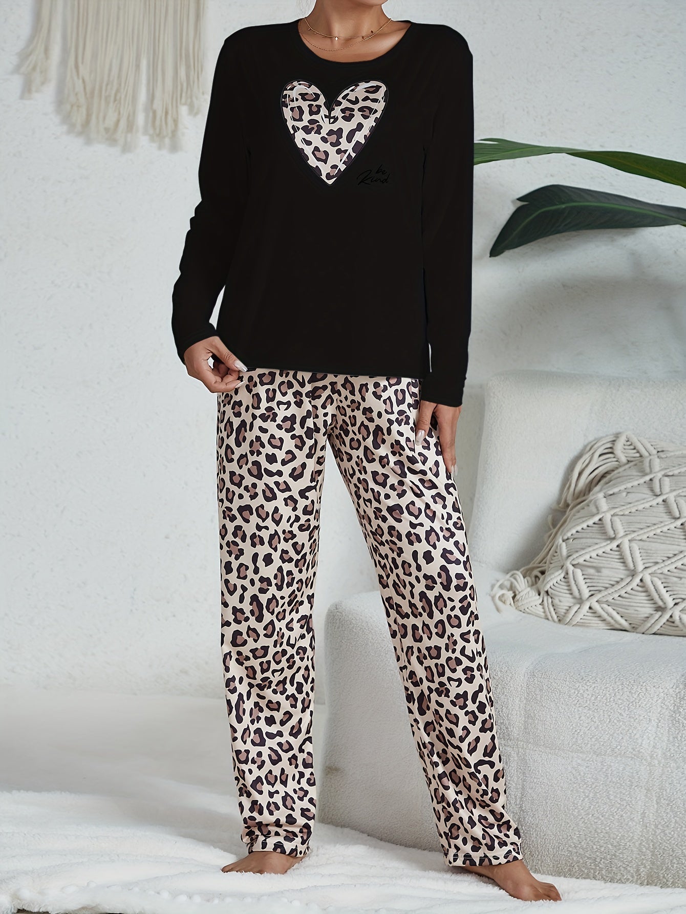 Leopard Pajama Set Long Sleeve Heart Print Top & Pants