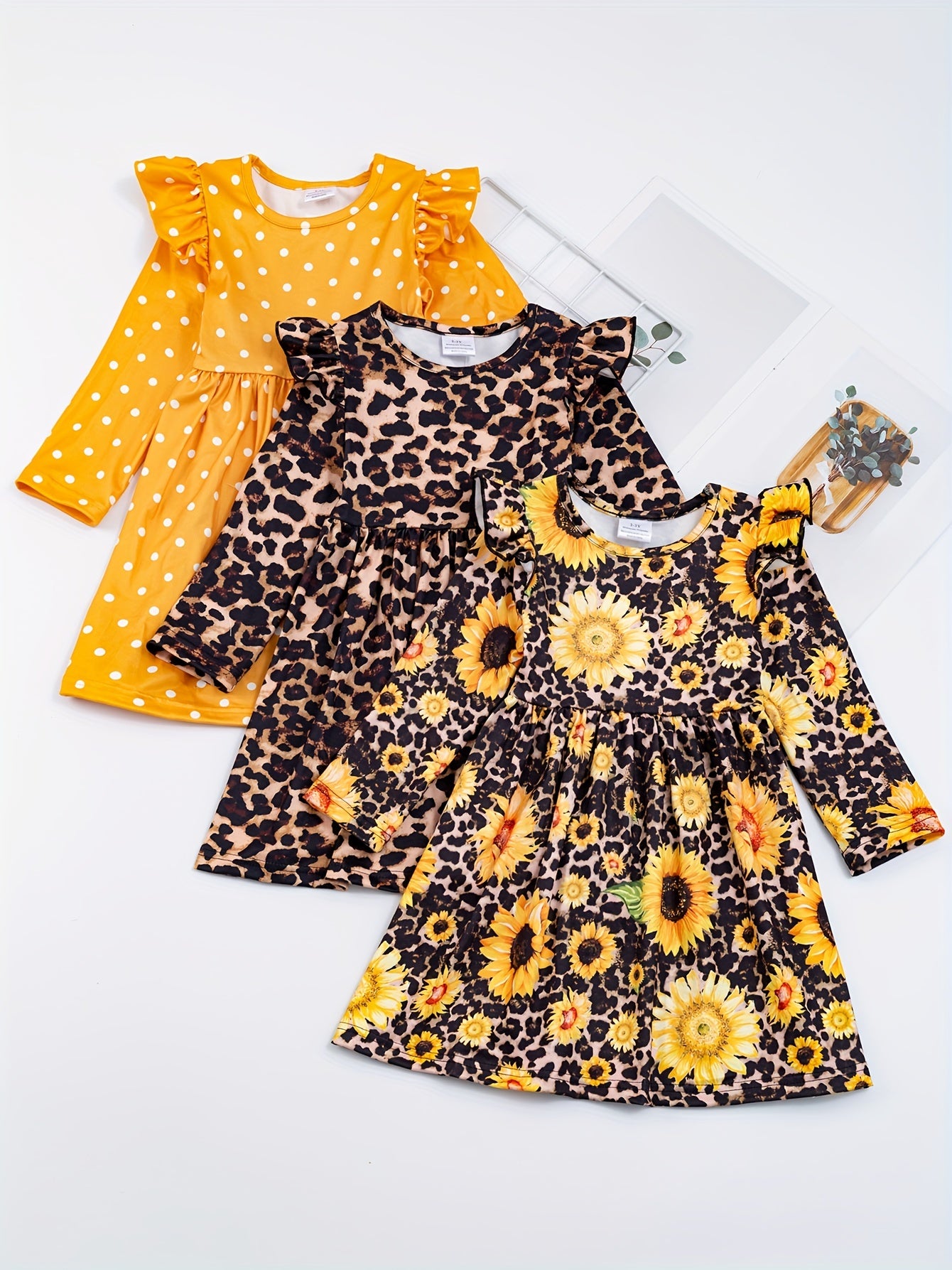 Toddler Girls Ruffled Sleeves Polka Dot Leopard Sunflower Princess Dress