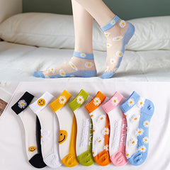 Daisy Print Socks Contrast Mesh Crew Short Socks Women's Stockings