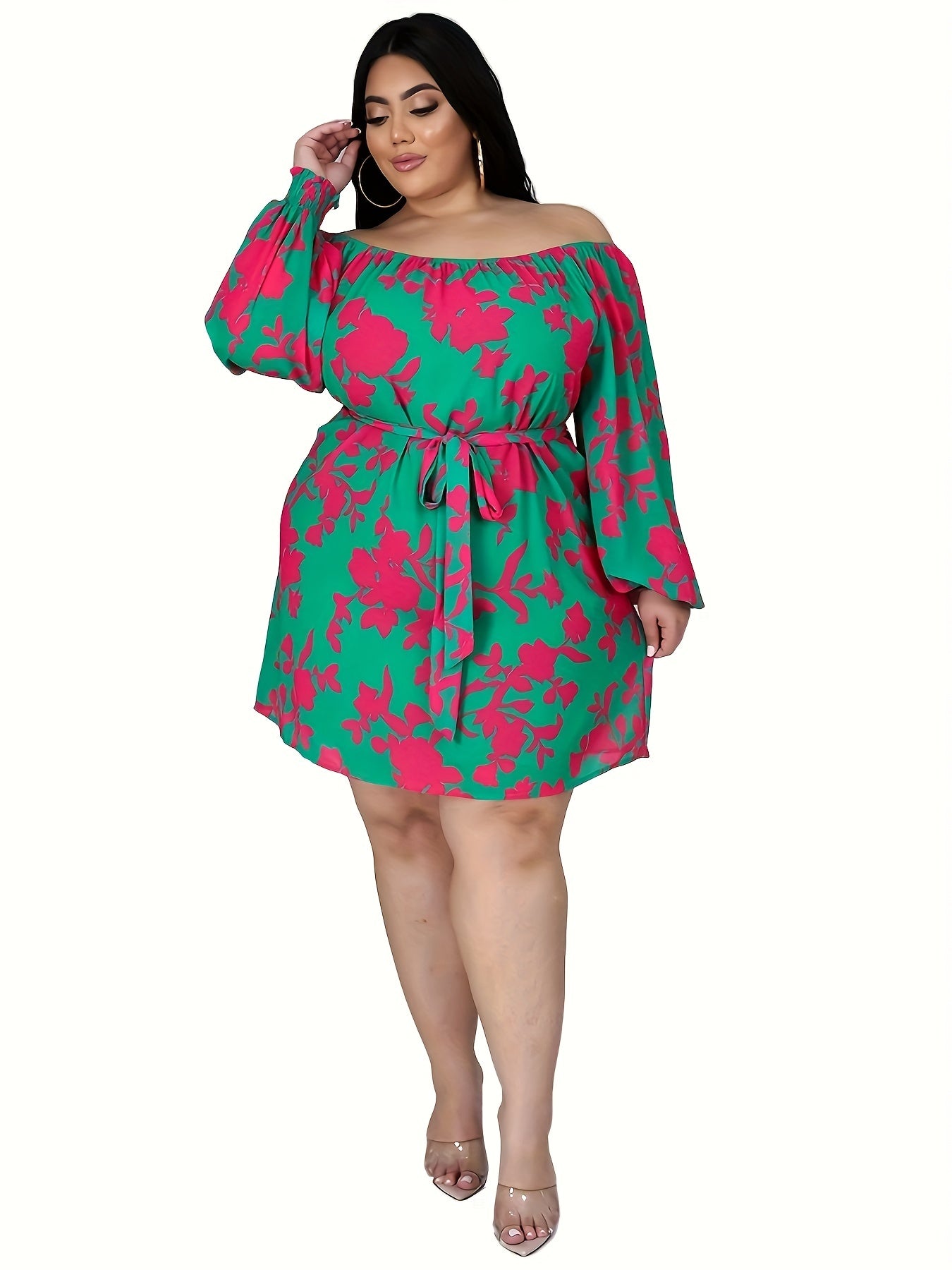 Casual Dress Women's Plus Floral Print Off Shoulder Mini Dress