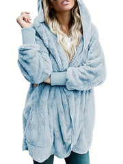 Solid Hooded Fuzzy Coat Long Sleeve Open Front Coat