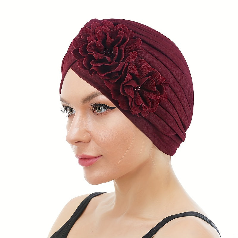 Double Flower Ruffles Turban Cap Solid Pleated Bonnet Head Wrap