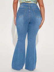 Solid Flared Leg Jeans Plus Size Ripped Fringe Trim Button Fly