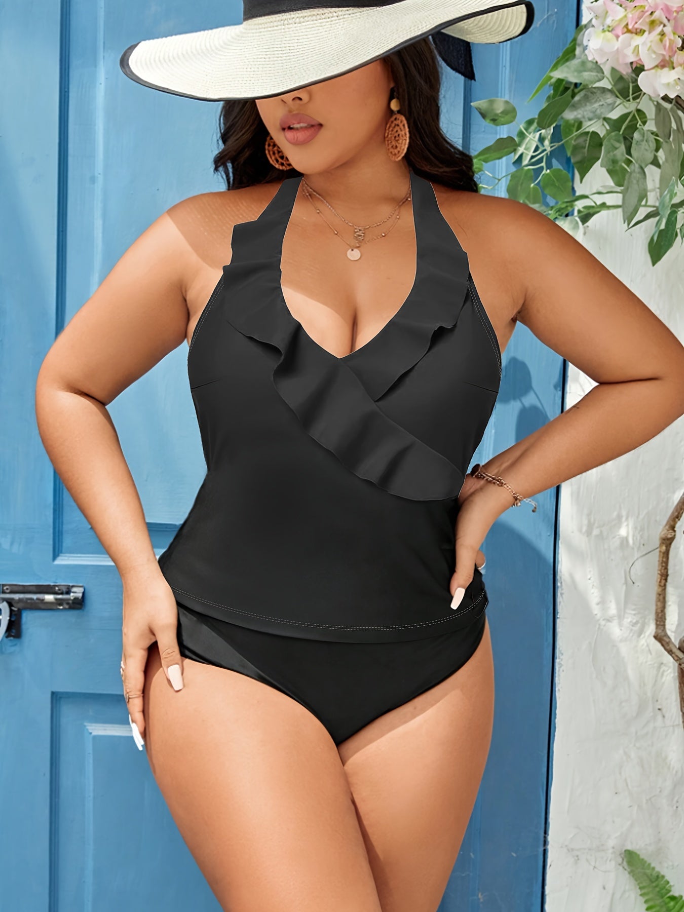Ruffle Trim Tankini Set V Neck Backless Halter Top & Panty Swimsuit