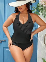 Ruffle Trim Tankini Set V Neck Backless Halter Top & Panty Swimsuit