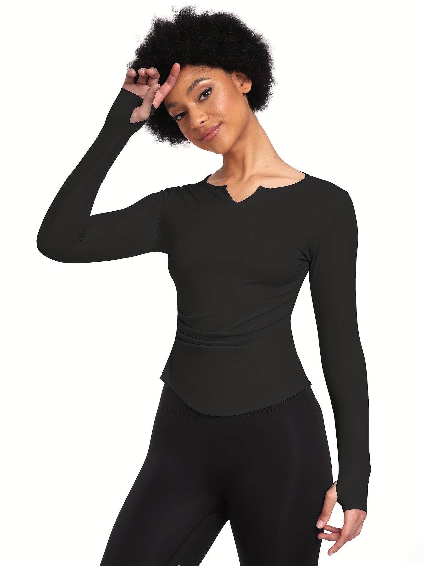 Solid V-Neck Long Sleeve Yoga Top