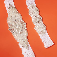 Lace Bridal Garter Set Clear Rhinestones Crystal Faux Pearl 2pcs